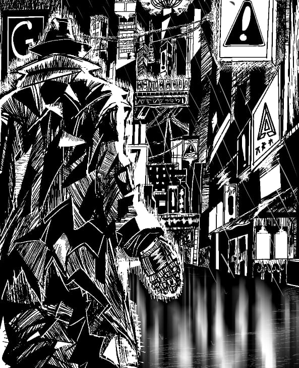 Black-and-white comic panel: city street scene